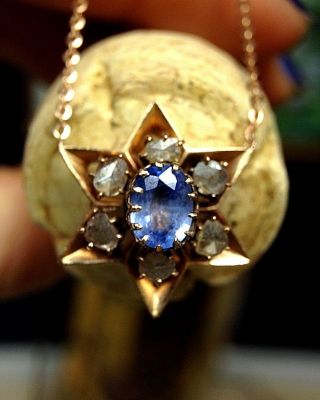 Lovely Ceylon Sapphire Rose Diamond 18k Rose Gold Jewish Star Antique Pendant