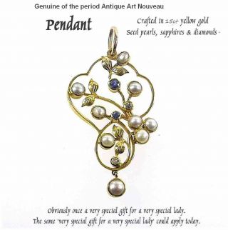 Art Nouveau Sapphire & Diamond Seed Pearl Pendant 15ct Yellow Gold Very Pretty