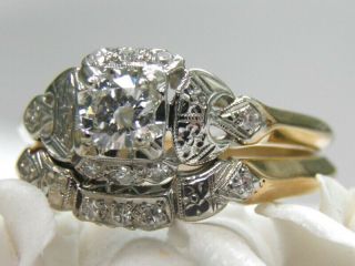 Antique Vintage 14kt Gia Certified Diamond Filigree Deco Engagement Ring Set