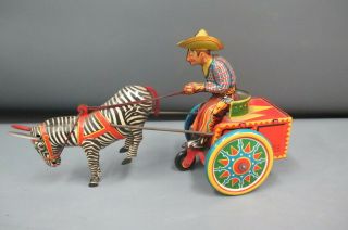 Vintage Lehmann Tin Wind Up Toy Galop 852 Cowboy On Zebra Drawn Cart