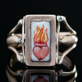 Antique Georgian Secret Locket Swivel Ring With Flaming Heart Enamel