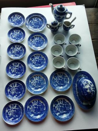 Vintage Blue Willow Childs Porcelain Tea Party Set 24 Dishes Made In Japan 1957