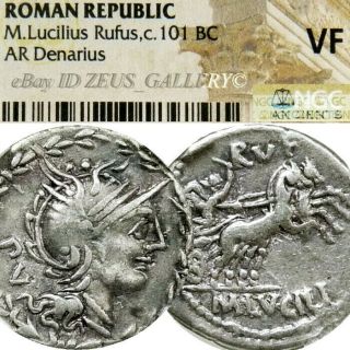 Roma Victory Chariot Ngc Cert/ Ancient Vf Lucilia 1 Roman Silver Denarius Coin