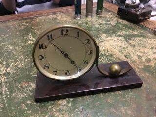 1930’s Art Deco Brass & Wood Desk Clock,  Most Likley German,  Marked Foreign