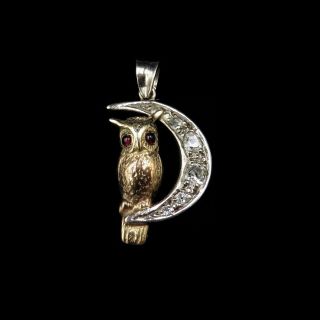 Antique Old Cut Diamond And Garnet Owl And Crescent Moon 9ct Gold Pendant C.  1900