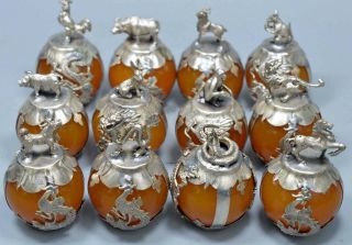 Collectable Old China Miao Silver Carve 12 Zodiac Inlay Agate Royal A Set Statue