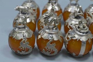 Collectable Old China Miao Silver Carve 12 Zodiac Inlay Agate Royal A Set Statue 2