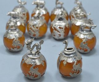 Collectable Old China Miao Silver Carve 12 Zodiac Inlay Agate Royal A Set Statue 4