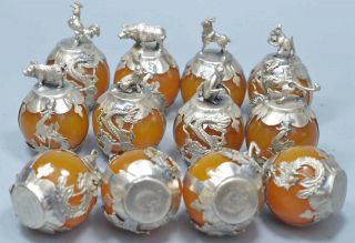 Collectable Old China Miao Silver Carve 12 Zodiac Inlay Agate Royal A Set Statue 5
