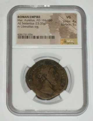 Marcus Aurelius Authentic Ancient 161 - 180 Ad Rome Sestertius Roman Coin Ngc Vg