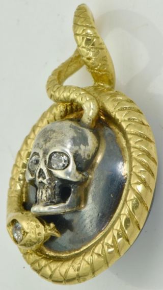 Unique 18k Gold,  Silver&diamonds Memento Mori Skull&snake Poison Locket Pendant.