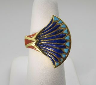 Vintage Heavy 18k Yellow Gold Lapis Turquoise Coral Inlay Ring Egyptian