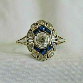 Antique 14k White & Yellow Gold W/ Old Mine Cut Diamonds & Sapphires Ring Size 8