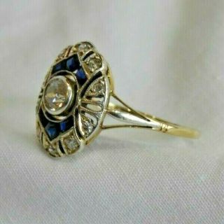 Antique 14K White & Yellow Gold w/ Old Mine Cut Diamonds & Sapphires Ring Size 8 2