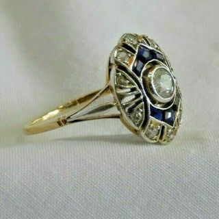 Antique 14K White & Yellow Gold w/ Old Mine Cut Diamonds & Sapphires Ring Size 8 3