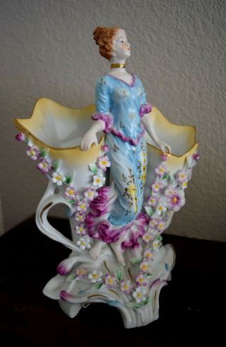 Rare Richard Klemm Dresden Germany Porcelain Figurine Vase Lady In Blue 10 " T