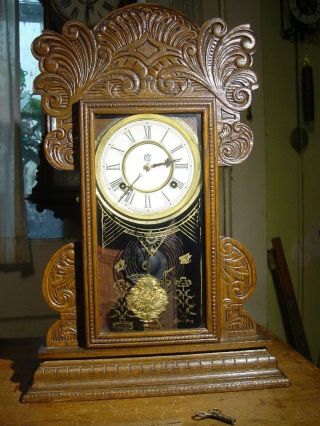Antique Rare Waterbury 1903 " Akron " Oak 8 Day Shelf Or Parlor Clock