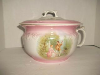 Victorian Antique Ironstone Chamber Pot & Cover Colonial Couple Pink White Rare