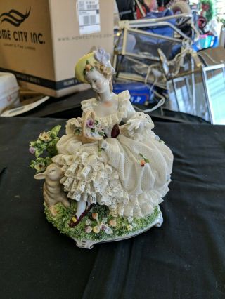 Vintage Unterweissbach Germany Dresden Lace Porcelain Figurine Girl With Lamb