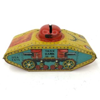 Vintage Toy Tank Bank Tin Litho USA 45 X675 Made in USA Rare 2