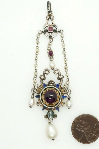 Lovely Antique Austro Hungarian Silver Garnet Ruby Pearl Enamel Pendant C1890 Nr