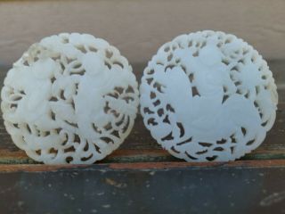 From Old Estate Chinese 6cm 2x Pair White Jade Two Buddhas Pendants Asian China