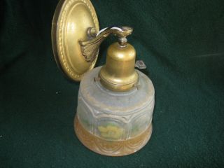 Antique Wall Hanging Light.  Brass With A Hand Painted Shade,  Sconce 1930