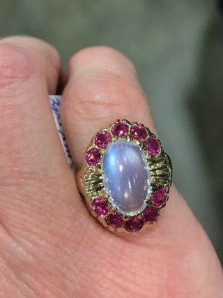 Vintage Moonstone And Natural Ruby Ring 14k Gold