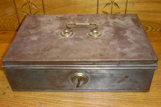 Old Tin Metal Locking Box W/ Key