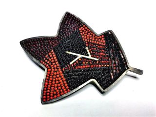 Signed Modernist M Kanda Mosaic Crystal 925 Sterling Silver Leaf Pin Brooch Reds