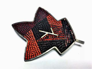 Signed Modernist M Kanda Mosaic Crystal 925 Sterling Silver Leaf Pin Brooch Reds 8