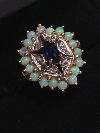 Antique 14k Yellow Gold Opal,  Sapphire,  And Diamond Cluster Ring,  Size 7.  75