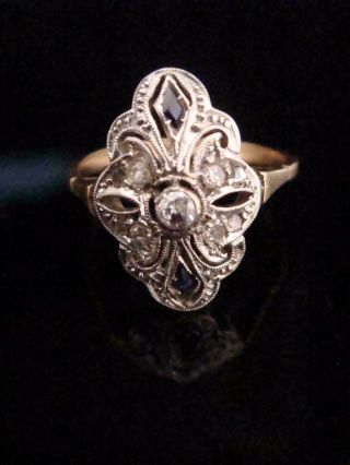 Stunning Edwardian Art Deco 18ct Sapphire And Diamond Marquis Ornate Ring