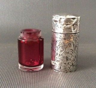 Antique Sterling Silver Victorian Scent Perfume Bottle / Hallmarked / Ruby Glass