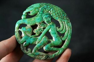 Unique Chinese Old Green Jade Carved Sexy Man&woman/phoenix Pendant J15