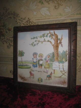 SPECIAL PRICE ANTIQUE HAND PAINTED TILE TRIVET W/VICTORIAN CHILDREN/DOLL SCENE 2