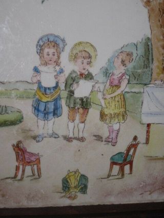 SPECIAL PRICE ANTIQUE HAND PAINTED TILE TRIVET W/VICTORIAN CHILDREN/DOLL SCENE 3