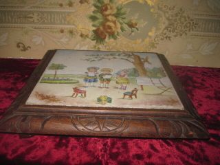 SPECIAL PRICE ANTIQUE HAND PAINTED TILE TRIVET W/VICTORIAN CHILDREN/DOLL SCENE 6