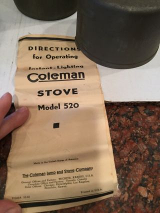 Rare COLEMAN Instant Lighting Stove 520 1940 ' s WWII? Box & Directions 8