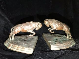 Antique French Art Deco Solid Bronze Ram Statue Sculpture Bookends Signed