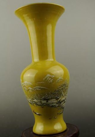 Chinese Antique Yellow Glaze Porcelain Snow - Covered Landscape Pattern Vas C01