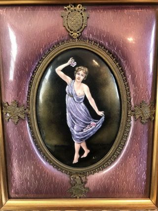 Vintage Enamel on Metal Painting Plaque Lady Woman Semi - Nude Gilt Embellishments 2