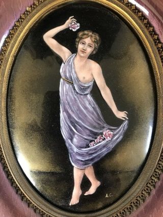 Vintage Enamel on Metal Painting Plaque Lady Woman Semi - Nude Gilt Embellishments 3