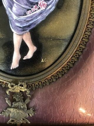 Vintage Enamel on Metal Painting Plaque Lady Woman Semi - Nude Gilt Embellishments 4