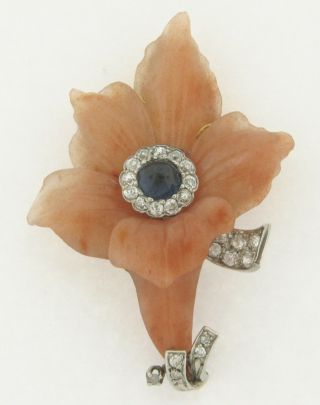Antique Art Deco Plat Yellow Gold Carved Chalcedony Sapphire Diamond Lily Brooch 3