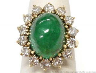 Huge Approx 5ct Natural Emerald Cabochon 18k Ring 2ctw Diamond Halo Vintage Sz 5