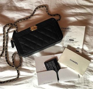 CHANEL Authentic Boy Black Caviar WOC Antique Gold Hardware 9