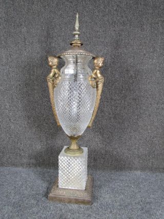 Antique 19c.  French Bronze & Cut Glass Urn Lamp Attr.  To Baccarat,  Cherub Handle