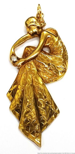 14k Yellow Gold Diamond Antique Art Nouveau Lady Flowing Dress Pendant 8.  2g