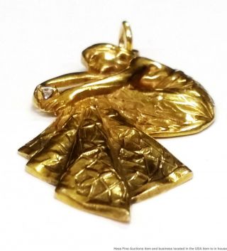 14K Yellow Gold Diamond Antique Art Nouveau Lady Flowing Dress Pendant 8.  2g 2